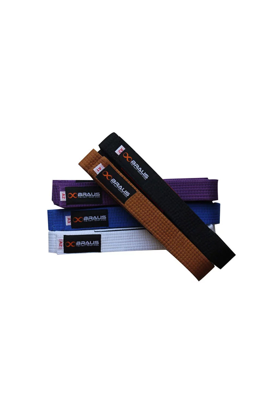 Braus Fight Jiu-Jitsu belts in all ranks – white, blue, purple, brown, and black – stacked with visible logos.
